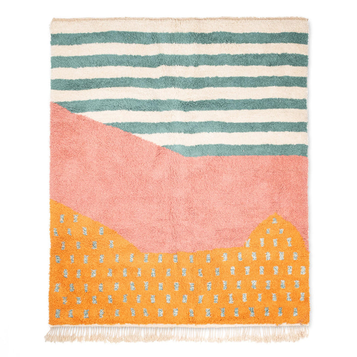 Multicolored striped rug with pink, orange, and blue pattern on a white background