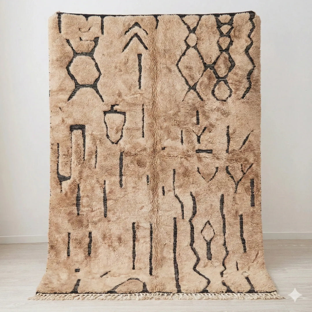 Tribal Treasures Custom Moroccan Rug Beni Mrirt - Hand-knotted beige wool rug with black abstract tribal symbols and high pile texture